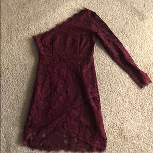 maroon red slim tight, one shoulder, lace dress.